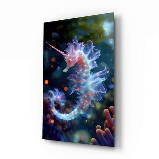 Bioluminescent seahorse reef cinematic glass wall art over walnut console in designer feminine-luxe boudoir