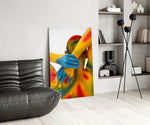 Cobalt-and-scarlet body cinematic glass wall art over modern dining sideboard