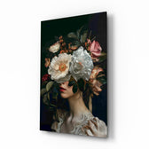 Blooming floral headdress muse cinematic glass wall art over walnut console in designer fashion atelier