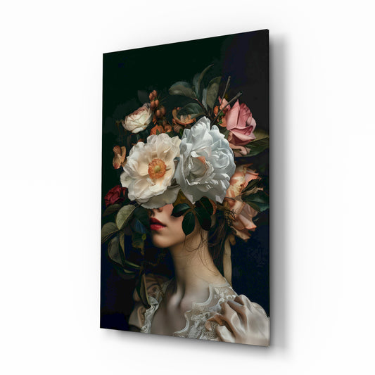 Blooming floral headdress muse cinematic glass wall art over walnut console in designer fashion atelier