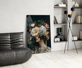 Cream-and-blush peony cinematic glass wall art over modern dining sideboard