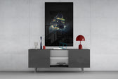 Digital fantasy cinematic glass wall art in light-filled atelier