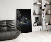 Crescent-moon couple cinematic glass wall art over modern dining sideboard