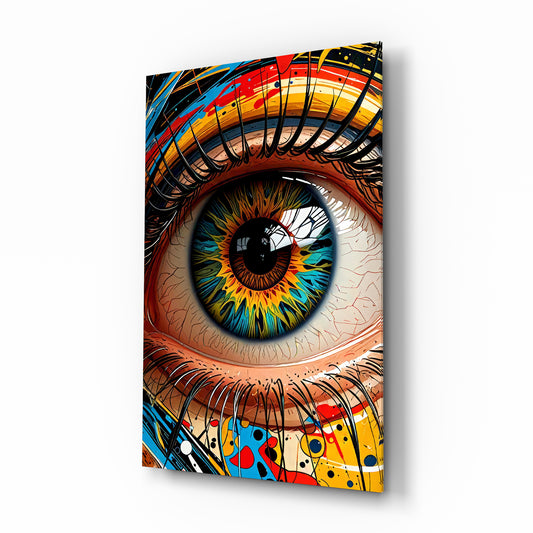 Graffiti eye macro cinematic glass wall art over walnut console in designer creative-agency reception