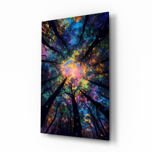 Psychedelic forest canopy cinematic glass wall art over walnut console in designer entertainment den