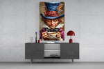 Tea-time fantasy cinematic glass wall art in light-filled atelier