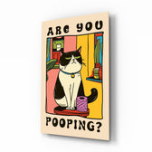 Are You Pooping cat bathroom cinematic glass wall art over walnut console in designer guest bathroom