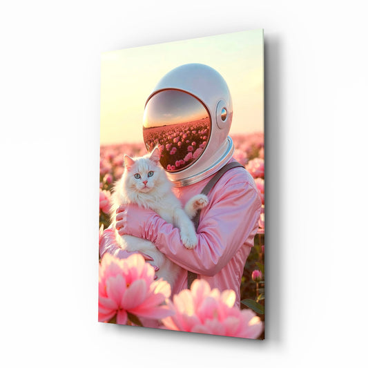 Pink astronaut white cat peonies cinematic glass wall art over walnut console in designer feminine-luxe boudoir