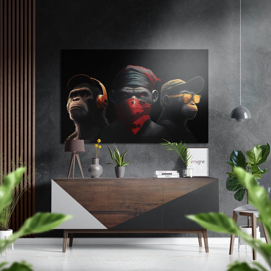 3 Wise Monkeys Brushed Aluminum Dibond Wall Art.