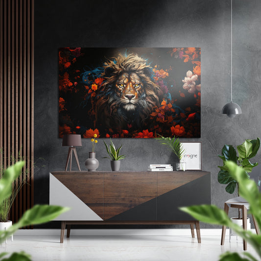Lion in Flowers Brushed Aluminum Dibond Wall Art.
