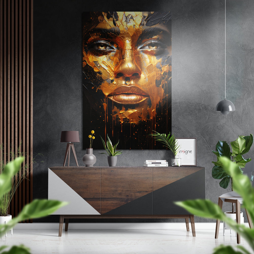 Golden Woman Brushed Aluminum Dibond Wall Art.
