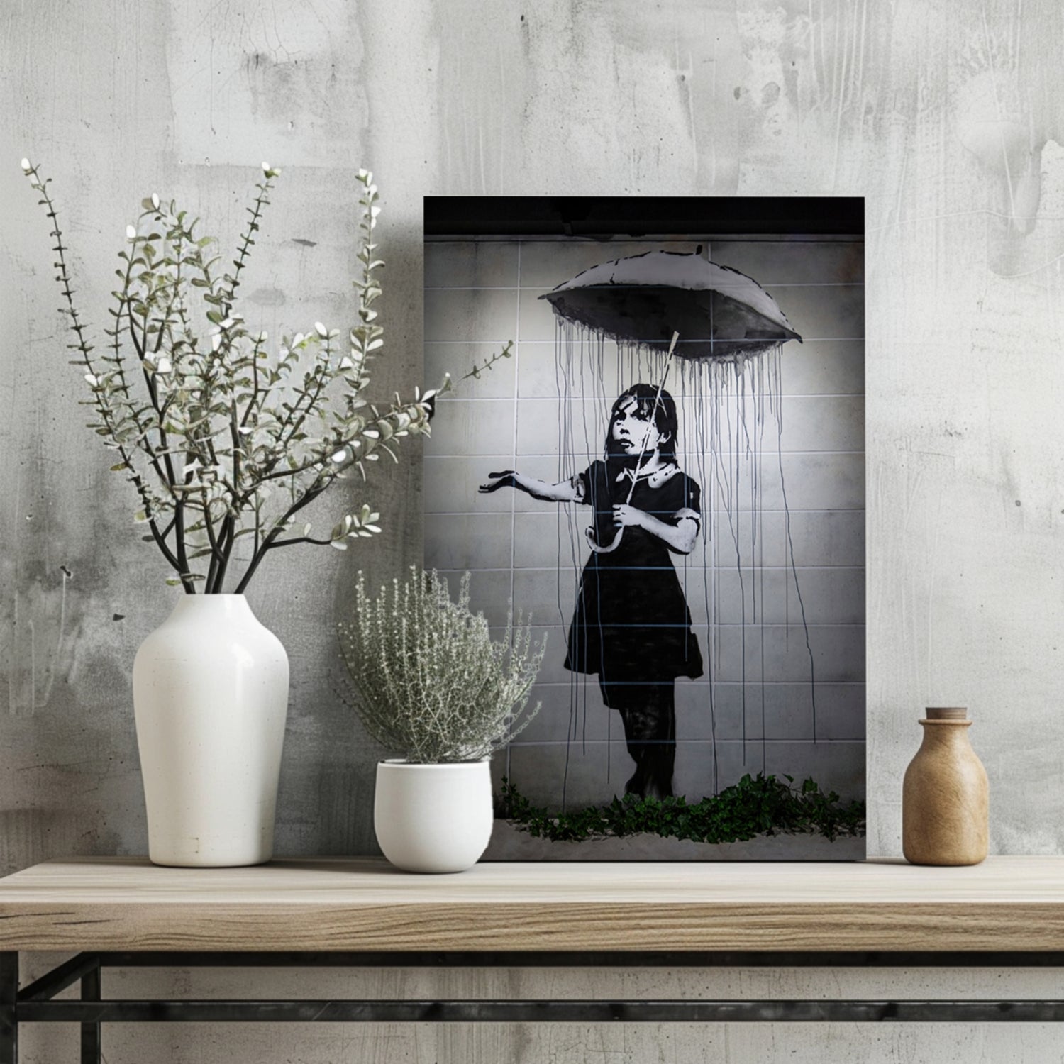 Banksy Style Rain Aluminum Print.