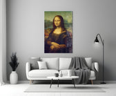 Mona Lisa glass wall art styled above a console in a designer interior