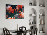 Flamingos glass print enhancing a foyer with editorial drama