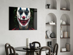 Joker glass print enhancing a creative office with noir drama