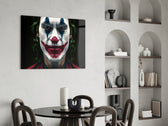 Joker glass print enhancing a creative office with noir drama