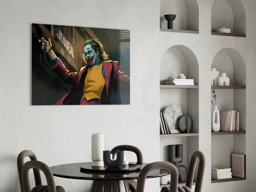 Joker glass print enhancing a creative office with cinematic drama