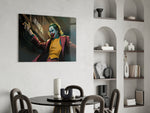 Joker glass print enhancing a creative office with cinematic drama