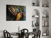 Joker glass print enhancing a creative office with cinematic drama