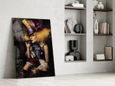 Cigar Hatter artwork anchoring a wall with moody theatrical palette