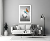 Wine Butterfly glass wall art styled above a sideboard in a dining room