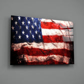 Close-up detail of paint-cracked stars and stripes