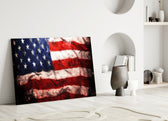American Flag glass wall art styled above a desk in a man's office
