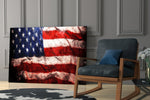 American Flag artwork anchoring a wall with bold heritage palette