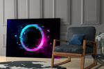 Neon Ring artwork anchoring a wall with bold retro-futurist palette