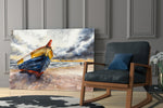 Fishing Boat artwork anchoring a wall with moody coastal palette
