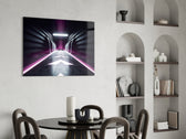 Neon Tunnel glass print enhancing a creative office with editorial drama