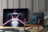 Neon Tunnel artwork anchoring a wall with bold futurist palette