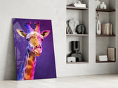 Giraffe artwork anchoring a wall with bold joyful palette