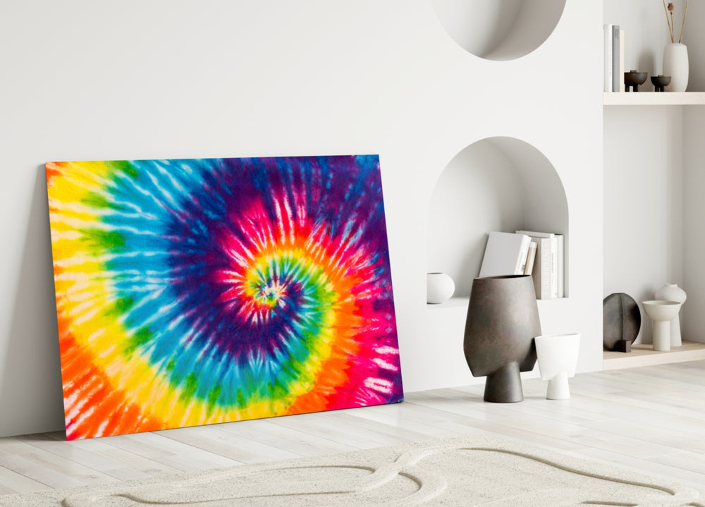 Tie Dye glass wall art styled above a desk in a teen room
