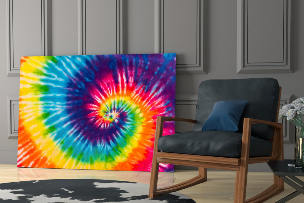 Tie Dye artwork anchoring a wall with bold joyful palette