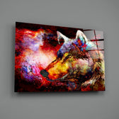 Close-up detail of crimson and cobalt splash around the wolf's eye
