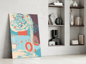 Doodle artwork anchoring a wall with whimsical soft palette