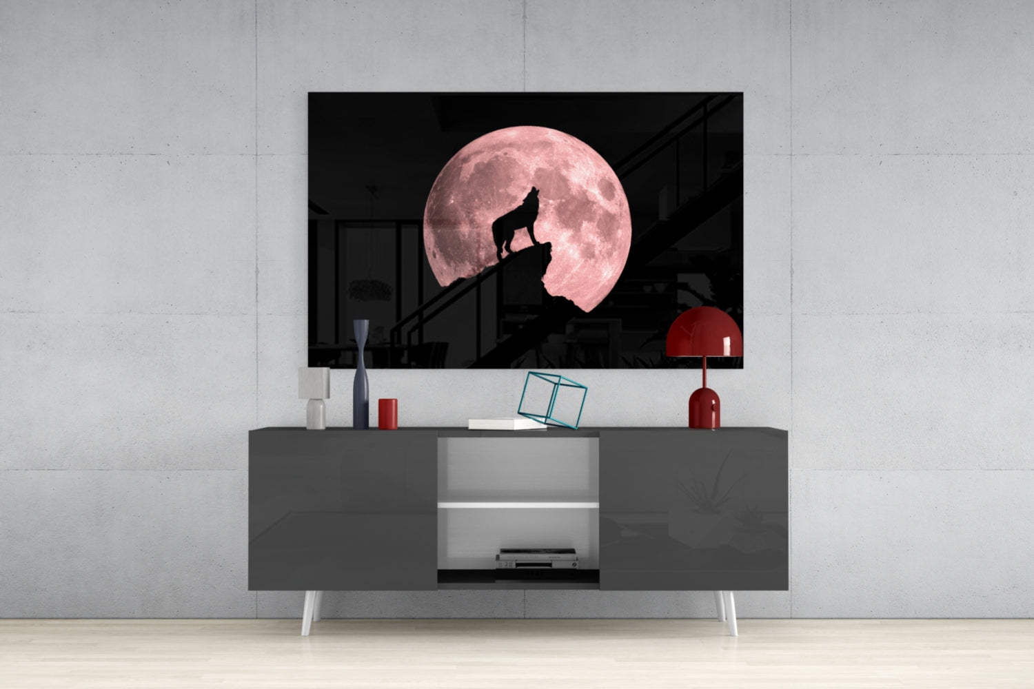 Wolf And Full Moon Glass Wall Art.