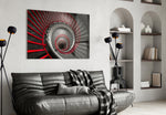 Red Spiral panel adding editorial mood to a stairwell