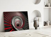 Red Spiral glass wall art styled above a console in a foyer