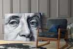 Franklin artwork anchoring a wall with moody scholarly palette