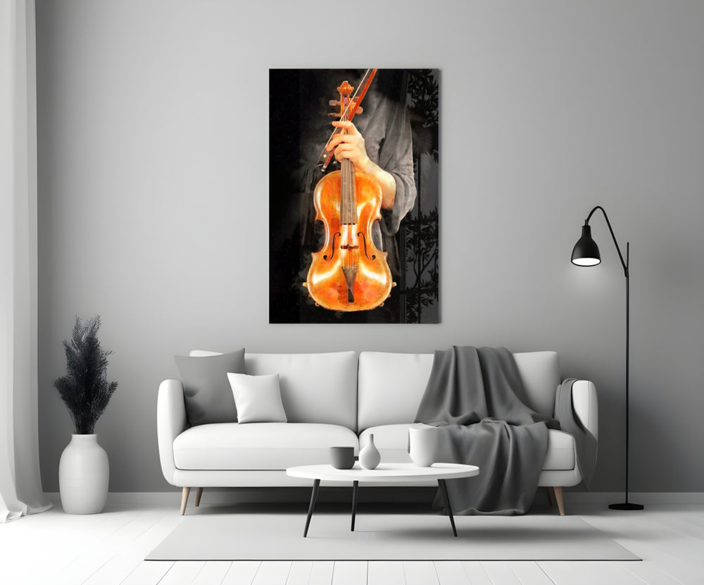 Violin glass wall art styled above a console in a music room