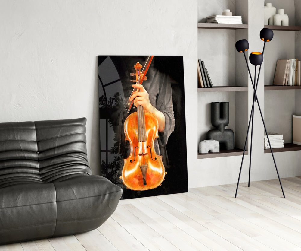 Violin glass print enhancing a library with editorial drama