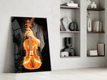 Violin artwork anchoring a wall with moody classical palette
