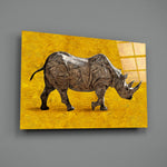 Close-up detail of charcoal rhino against saffron stripes