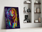 Neon Lion artwork anchoring a wall with bold kinetic palette