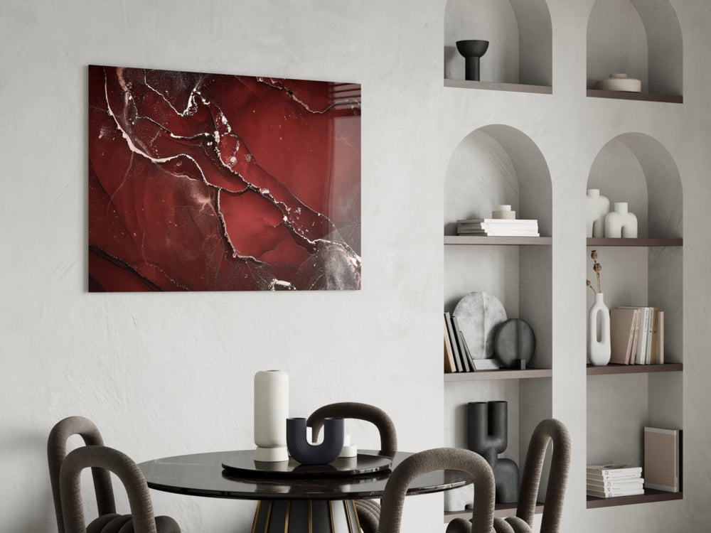 Crimson Marble glass print enhancing a foyer with editorial drama