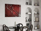 Crimson Marble glass print enhancing a foyer with editorial drama