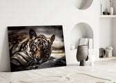 Resting Tiger glass wall art styled above a desk in a man's office
