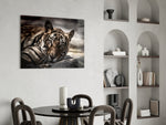 Resting Tiger glass print enhancing a foyer with editorial drama